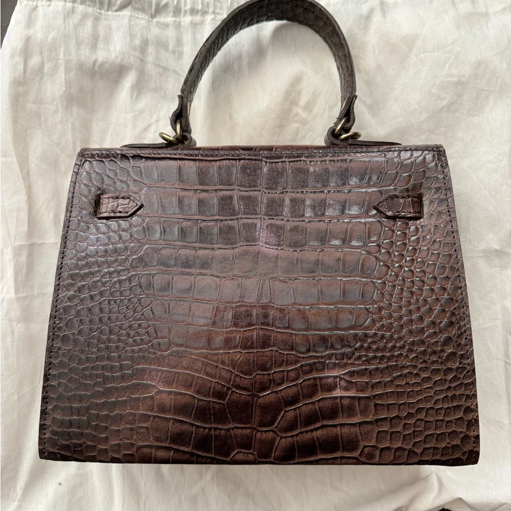 Classic Croc-Embossed Top-Handle Satchel in Dark Brown - Picture 10 of 14